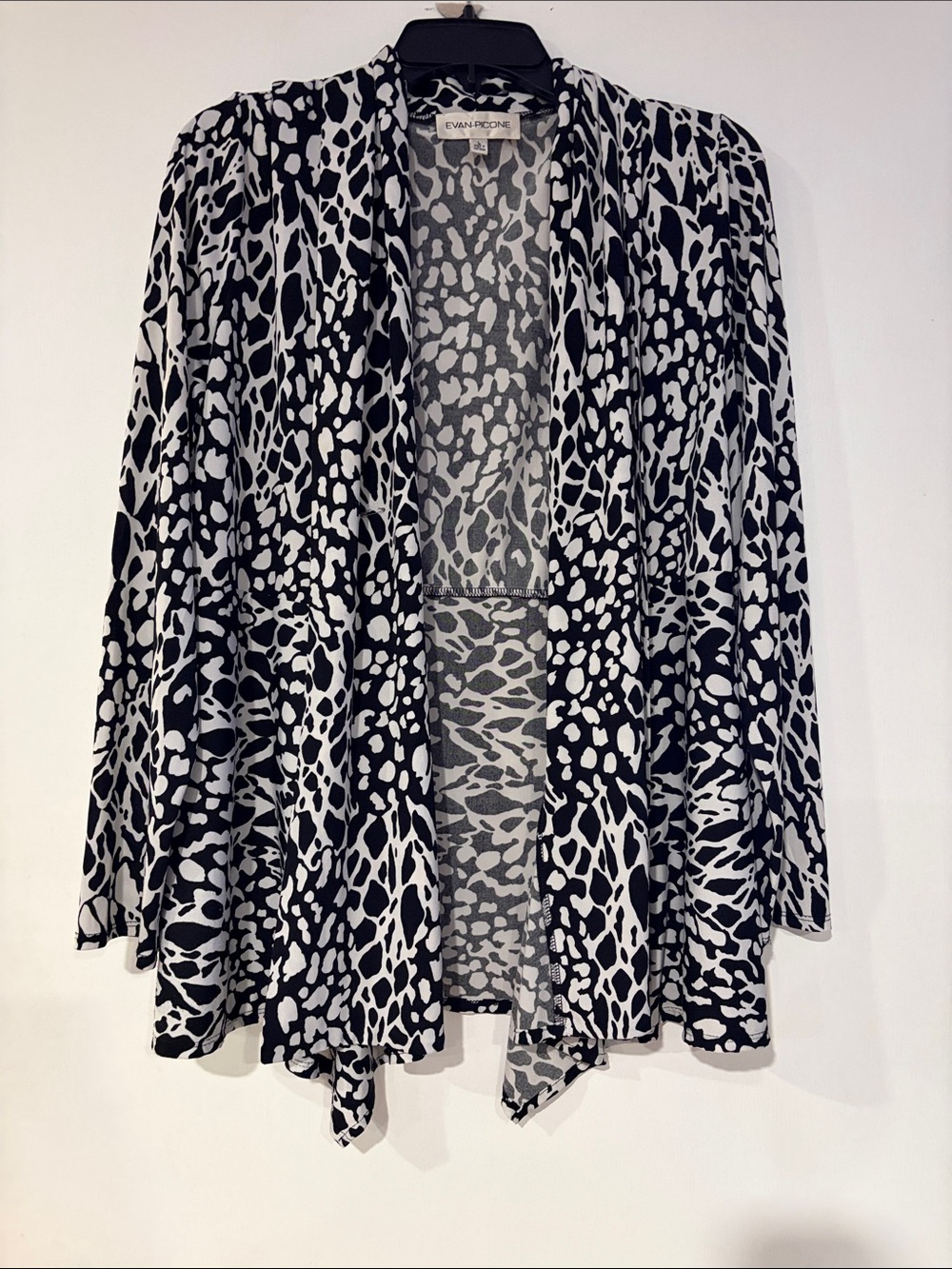 Evan Picone Black and White Printed Open-Front Tunic Cardigan